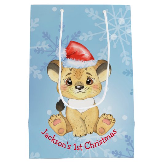 ラパーソナライズされたイオン第1クリスマス男の赤ちゃんブルー  ミディアムペーパーバッグ (裏面)