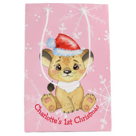 ラパーソナライズされたイオン1回目のクリスマスガールピンク ミディアムペーパーバッグ