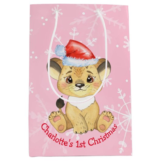 ラパーソナライズされたイオン1回目のクリスマスガールピンク ミディアムペーパーバッグ (正面)