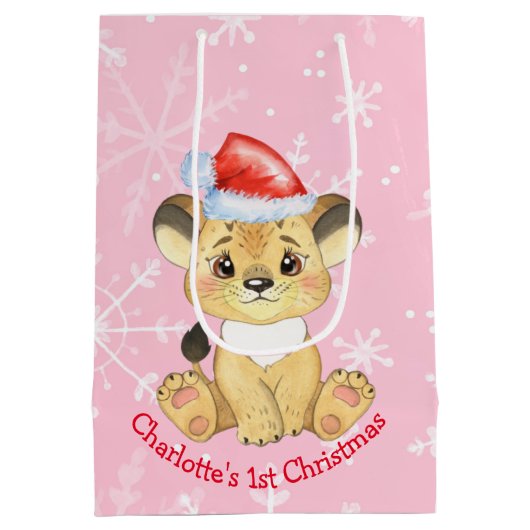 ラパーソナライズされたイオン1回目のクリスマスガールピンク ミディアムペーパーバッグ (裏面)