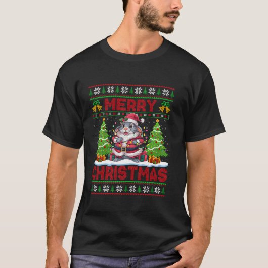 ラビットクリスマスツリーライト醜いサンタラビットクリスマ Tシャツ (正面)