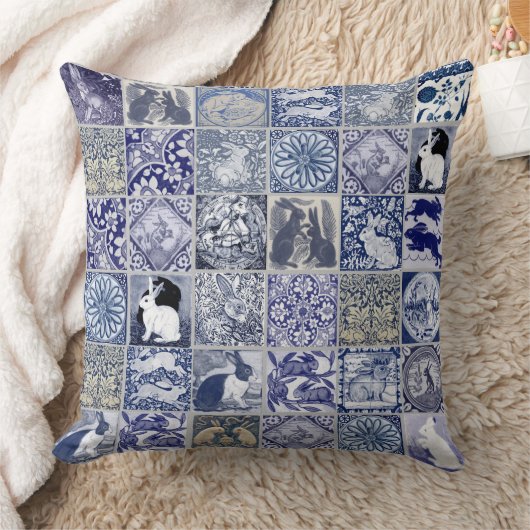 ラビットタイルモザイクパターンブルーホワイトグレーヴィンテージ クッション (ブランケット)