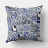 ラビットタイルモザイクパターンブルーホワイトグレーヴィンテージ クッション (裏面)