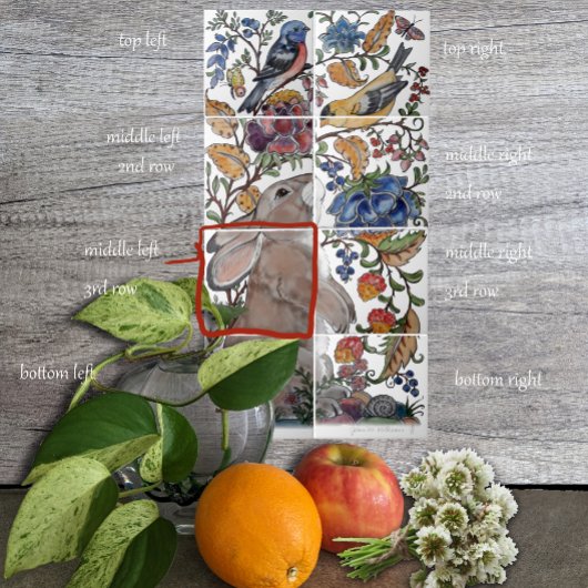 ラビットバードジャコビーンフローラタイル壁画8pc L行3 タイル