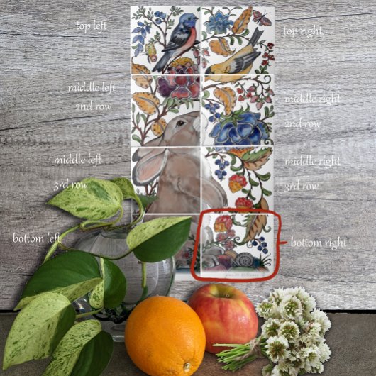 ラビットバードジャコビーンフローラタイル壁画8pc R行4 タイル