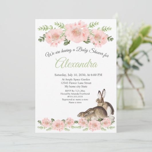 ラビットピンクモダンピンクポピーフローラ女の子の赤ちゃんシャワー 案内状 (スタンド正面)