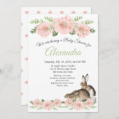ラビットピンクモダンピンクポピーフローラ女の子の赤ちゃんシャワー 案内状 (正面/裏面)