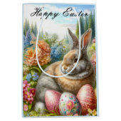 ラビットフラワーガーデンイースター抱き枕に座る ミディアムペーパーバッグ (正面)