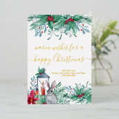 ラビットランタンとホリーハッピークリスマス金ゴールド 箔シーズンカード (立ち正面)