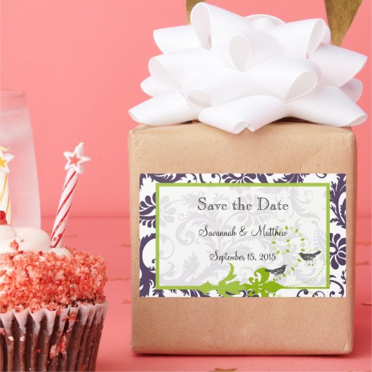 ラピスパープルアップルグリーンダマスクバードウェディング 長方形シール (パーティー)