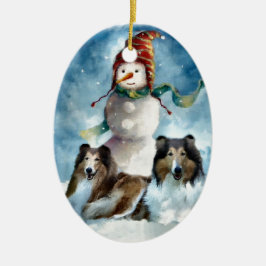 ラフなコリーと雪だるまクリスマス セラミックオーナメント