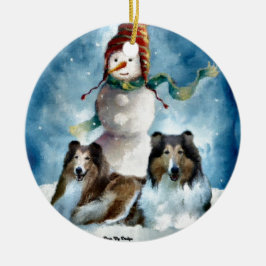 ラフなコリーと雪だるまクリスマス セラミックオーナメント