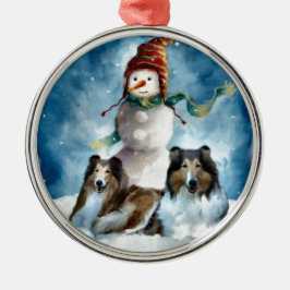 ラフなコリーと雪だるまクリスマス メタルオーナメント