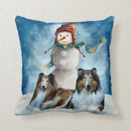 ラフなコリーズと雪だるまクリスマス クッション