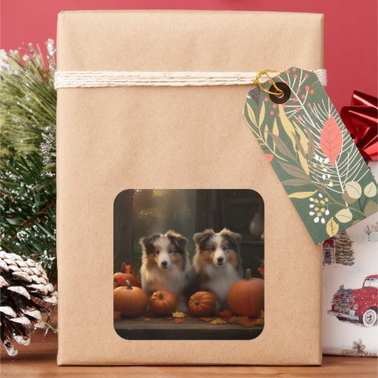 ラフなコリーパピー秋の喜びカボチャ スクエアシール (クリスマス)