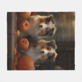 ラフなコリーパピー秋の喜びカボチャ フリースブランケット (正面(横))