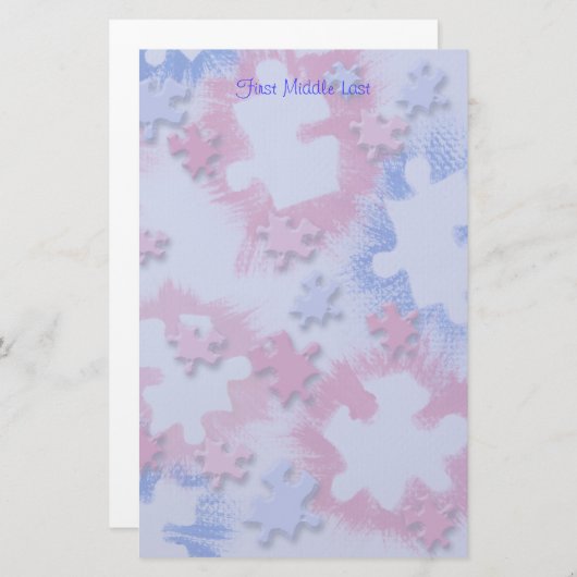 ラフなブラシ仕上げピンクブルーパズルピースパーソナライズされた 便箋 (正面/裏面)