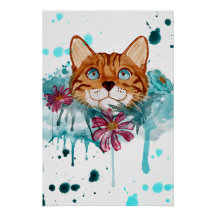 ラフな水彩画風ベンガルキャットの絵 グロッシーポスター