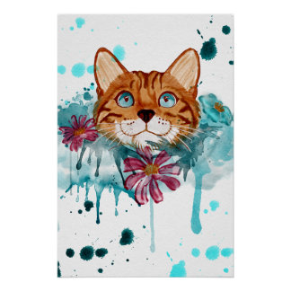 ラフな水彩画風ベンガルキャットの絵 グロッシーポスター ポスター