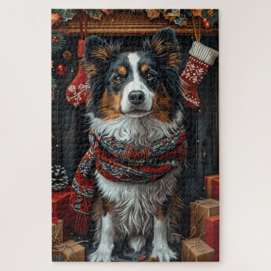 ラフコリーの犬とクリスマスプレゼントの暖炉 ジグソーパズル (縦)