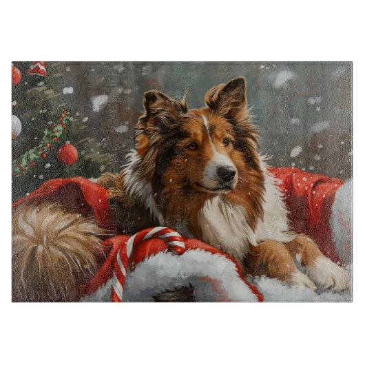 ラフコリー犬のクリスマスフェスティブ カッティングボード (正面)