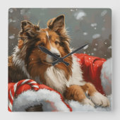 ラフコリー犬のクリスマスフェスティブ スクエア壁時計 (正面)