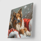 ラフコリー犬のクリスマスフェスティブ スクエア壁時計 (傾斜)