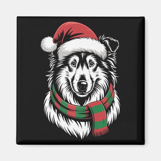 ラフコリー犬 クリスマス サンタ帽子 マフラー マグネット (正面)