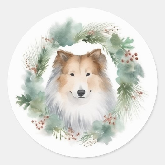 ラフコリー クリスマスリース クリスマスの愛犬 ラウンドシール (正面)