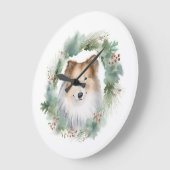 ラフコリー クリスマスリース クリスマスの愛犬 ラージ壁時計 (傾斜)