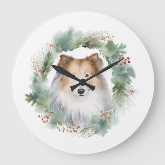 ラフコリー クリスマスリース クリスマスの愛犬 ラージ壁時計 (正面)