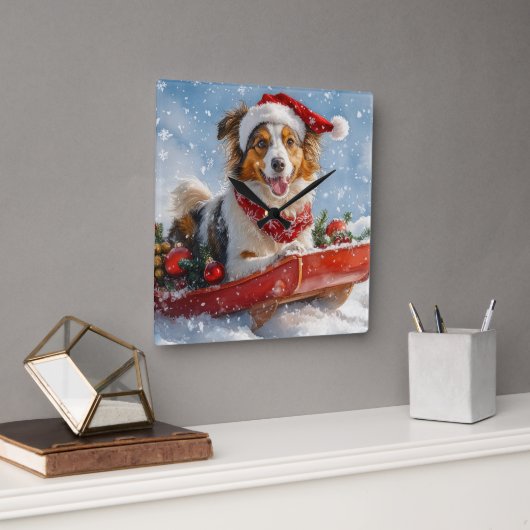 ラフコリー 犬 そりば この雪を降らせて クリスマス スクエア壁時計 (オフィス)