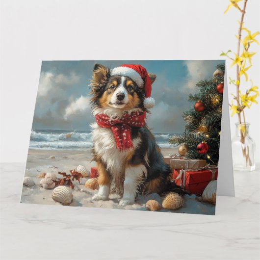 ラフコリー 犬 クリスマス ヴィンテージ ビーチ カード (黄色い花)