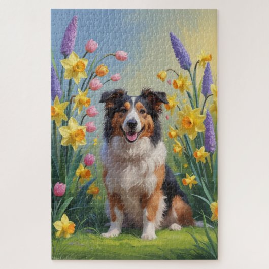 ラフコリー 犬 春の花 絵画 ジグソーパズル (縦)