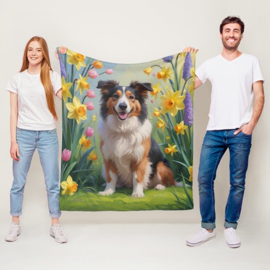 ラフコリー 犬 春の花 絵画 フリースブランケット (インサイチュ)