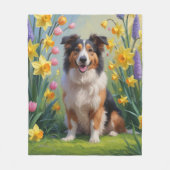 ラフコリー 犬 春の花 絵画 フリースブランケット (正面)