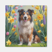 ラフコリー 犬 春の花 絵画 マグネット (正面)