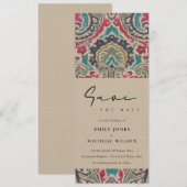 ラフト ボーホ トライバル イカット ピンク ティール セーブ・ザ・デート ご案内 招待状 (正面/裏面)