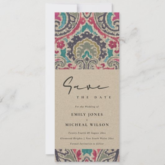 ラフト ボーホ トライバル イカット ピンク ティール セーブ・ザ・デート ご案内 招待状 (正面)