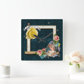 ラフルーアヴィンテージレディーフレームグリッターストライプクロック スクエア壁時計 (ホーム)