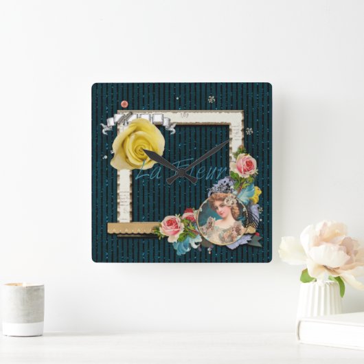 ラフルーアヴィンテージレディーフレームグリッターストライプクロック スクエア壁時計 (ホーム)