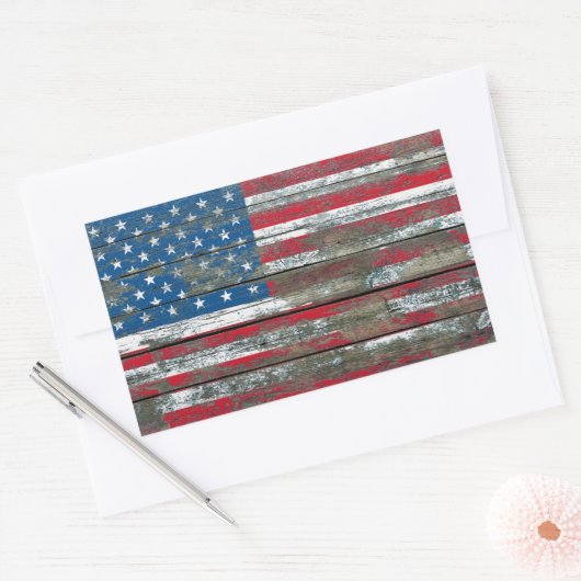 ラフ・ウッド・ボードに対するアメリカ国旗のエフェクト 長方形シール (封筒)