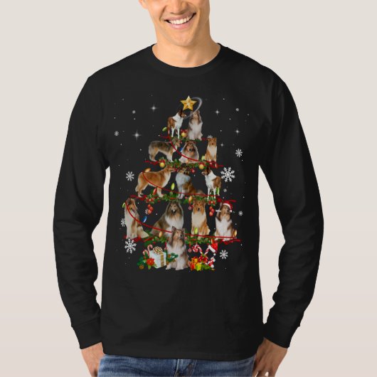 ラフCollieクリスマスツリーライトセータードッグチャール Tシャツ (正面)
