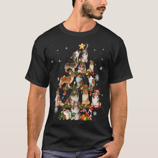 ラフCollieクリスマスツリーライトセータードッグチャール Tシャツ (正面)