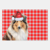 ラフCollieドッグレッドプレイドクリスマス ラッピングペーパーシート (正面3)