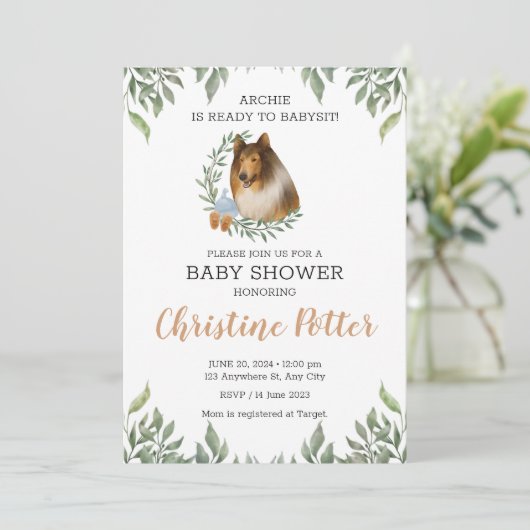 ラフCollie犬の緑Bohoベビーシャワー 招待状 (スタンド正面)
