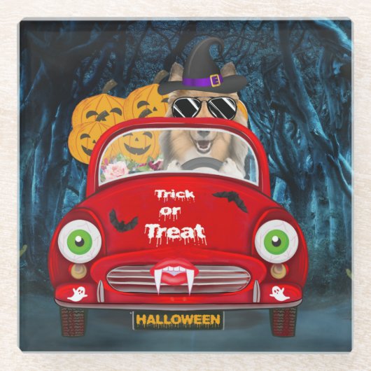 ラフCollie犬の車の怖いハロウィーン ガラスコースター (正面)