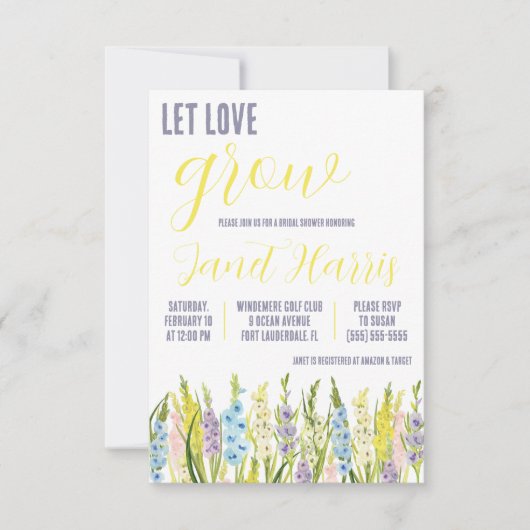 ラブを育てて、パステルカラーのグラジオラス ブライダルシャワー 招待状 (正面)