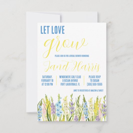 ラブを育てて、パステルカラーのグラジオラス ブライダルシャワー 招待状 (正面)