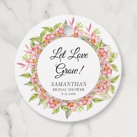 ラブを育てて ピンクの花とセイジの ブライダルシャワー フェイバータグ (正面)